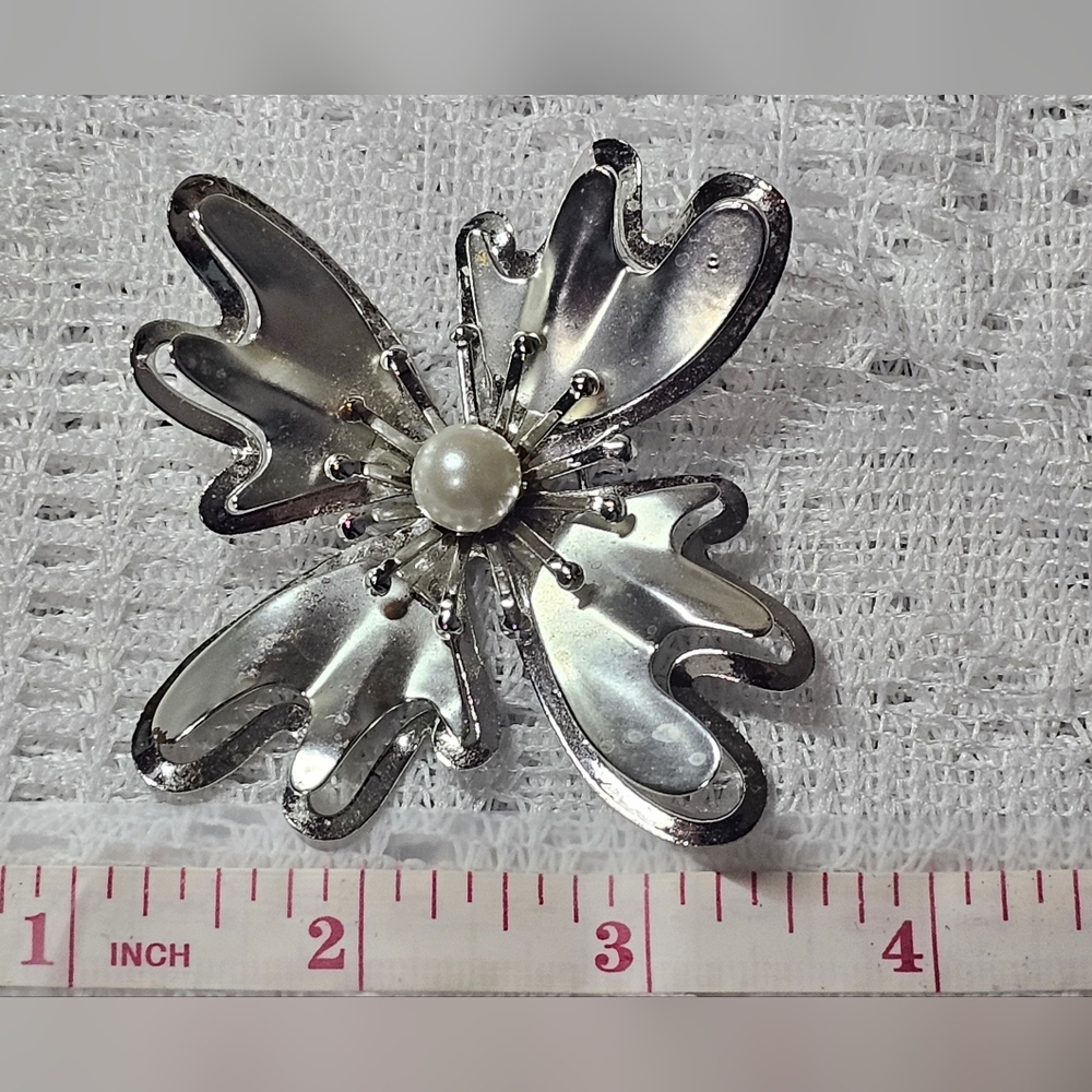 Silver Flower Brooch with Pearl Center